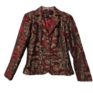 ELCC Blazer Women Sm Red Gold Tapestry Floral Brocade Jacket Button Front Ornate